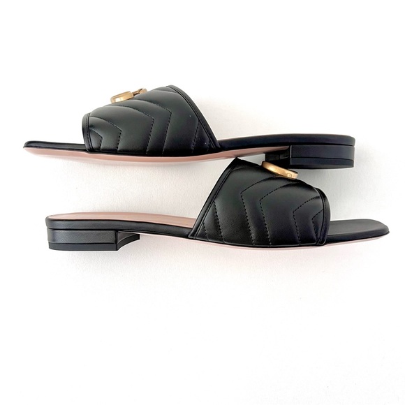 GUCCI | Marmont GG Jolie Matelasse Quilted Black Leather Low Heel Slides Sandals - Picture 7 of 14